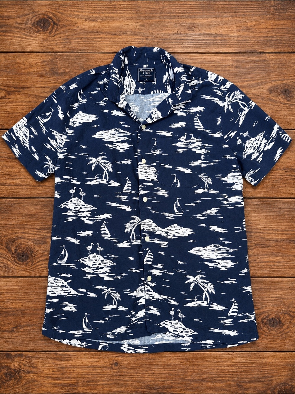 Abercrombie & Fitch Navy and White Short-Sleeve Tropical Print Button-Down Shirt